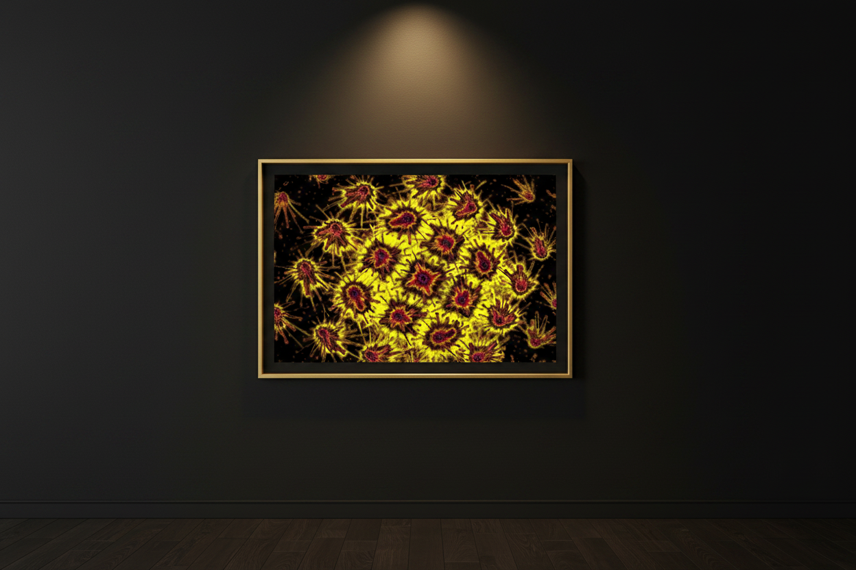 KOSMISCHE MIKRO KOLONIE Premium Kunstprint als gerahmtes Poster mit Goldenem Rahmen an Mattem Schwarzen Wand in Dunklem Dramatischem Galerieraum mit Goldenen Spots