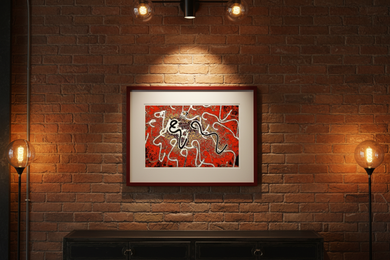 ORGANISCHES WURZELFELD Premium Kunstprint als gerahmtes Poster mit Dunkelrotem Rahmen an Rost-Oranger Wand in Warmem Industriellem Loft mit Edison-Beleuchtung