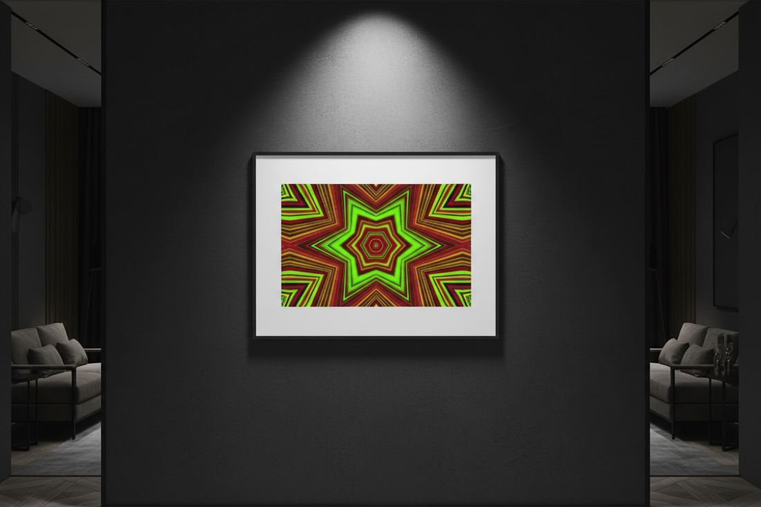 NEONSTERN-ZIEL Premium Kunstprint als gerahmtes Poster an dunkler Wand mit dramatischem Spotlight