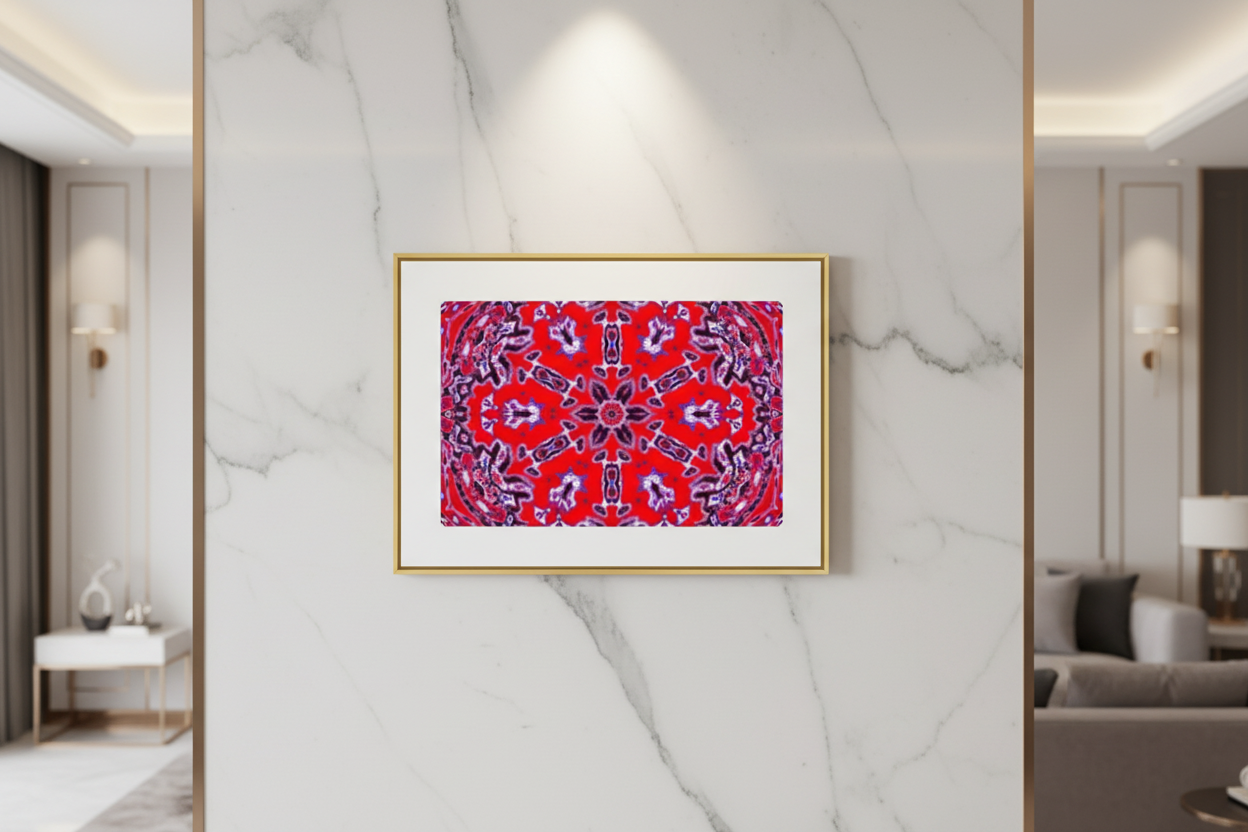 KÖNIGLICHES MANDALA Premium Kunstprint als gerahmtes Poster an weißer Marmor-Wand mit elegantem Spotlight