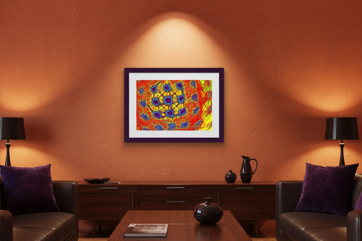 FRAKTALE ENERGIE Premium Kunstprint als gerahmtes Poster mit Dunkelviolettem Rahmen an Warmer Terrakotta-Wand in Eklektischem Wohnzimmer mit Lila Samtakzenten