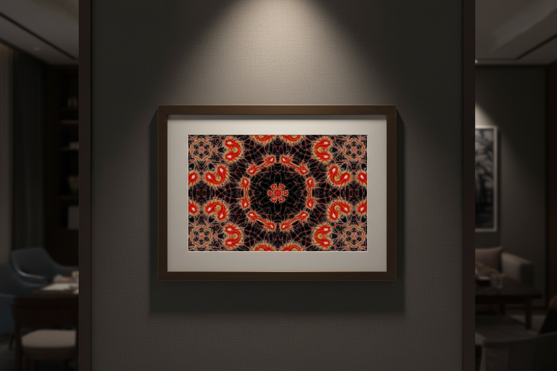 EMBER WEB MANDALA Premium Kunstprint als gerahmtes Poster an dunkler Wand mit warmem Spotlight