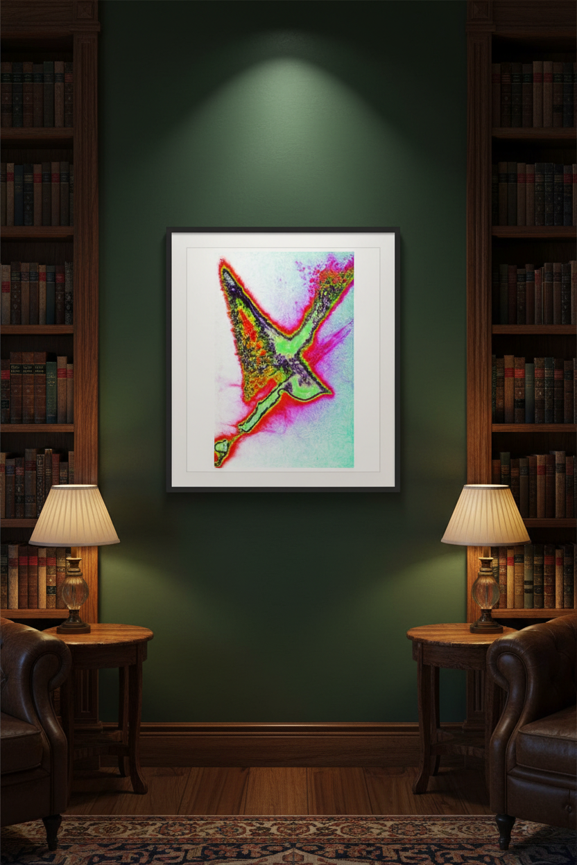 FARBIGER FLIEGENDER VOGEL Premium Kunstprint als gerahmtes Hochformat-Poster an dunkelgrüner Wand in gemütlicher Bibliothek
