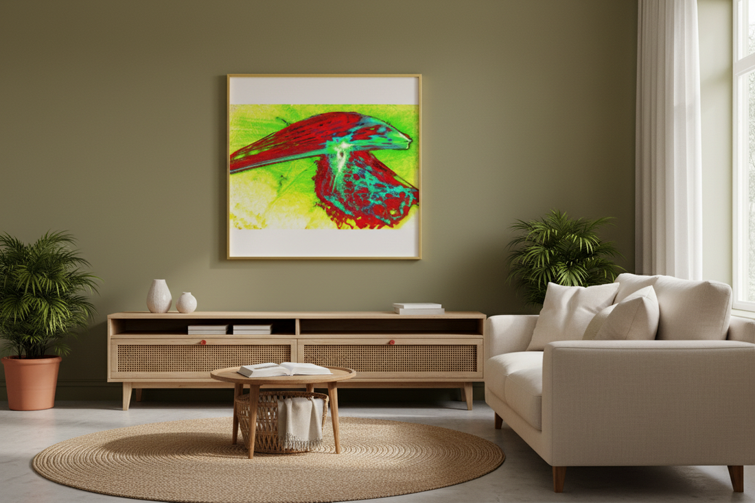 STRAHLENDER VEKTOR Premium Kunstprint als gerahmtes Poster mit Messingrahmen an olivgrüner Wand in warmem Wohnzimmer mit Naturmaterialien