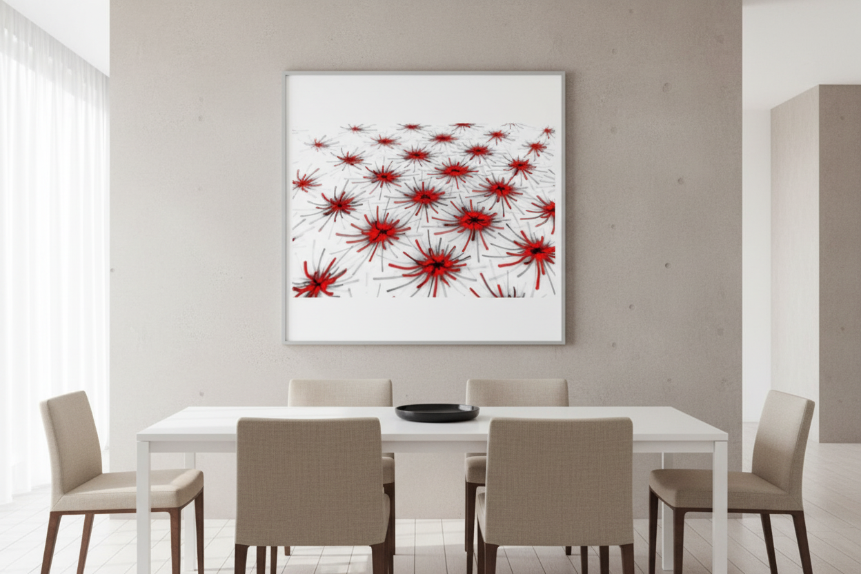 SCHWEBENDE MIKROBEN Premium Kunstprint als gerahmtes Poster mit Hellgrauem Rahmen an Warmgrauer Betonwand in Hellem Minimalistischem Esszimmer