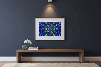 EMERALD ICE MANDALA Premium Kunstprint als gerahmtes Poster an dunkler Wand mit elegantem Spotlight