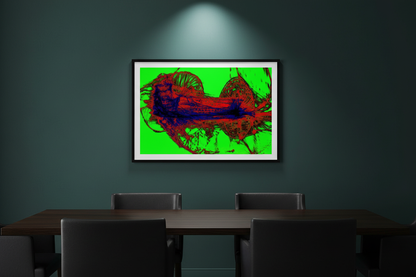 ABSTRACT DUAL ENERGY Premium Kunstprint als gerahmtes Poster an Teal-Grüner Wand in sophistiziertem Esszimmer mit Dunklem Holz