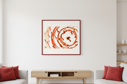 ROTE STRÖMUNG Premium Kunstprint als gerahmtes Poster mit Dunkelrotem Rahmen an Weißer Galeriewand in Hellem Skandinavischem Wohnzimmer mit Eichenholz und Roten Akzenten