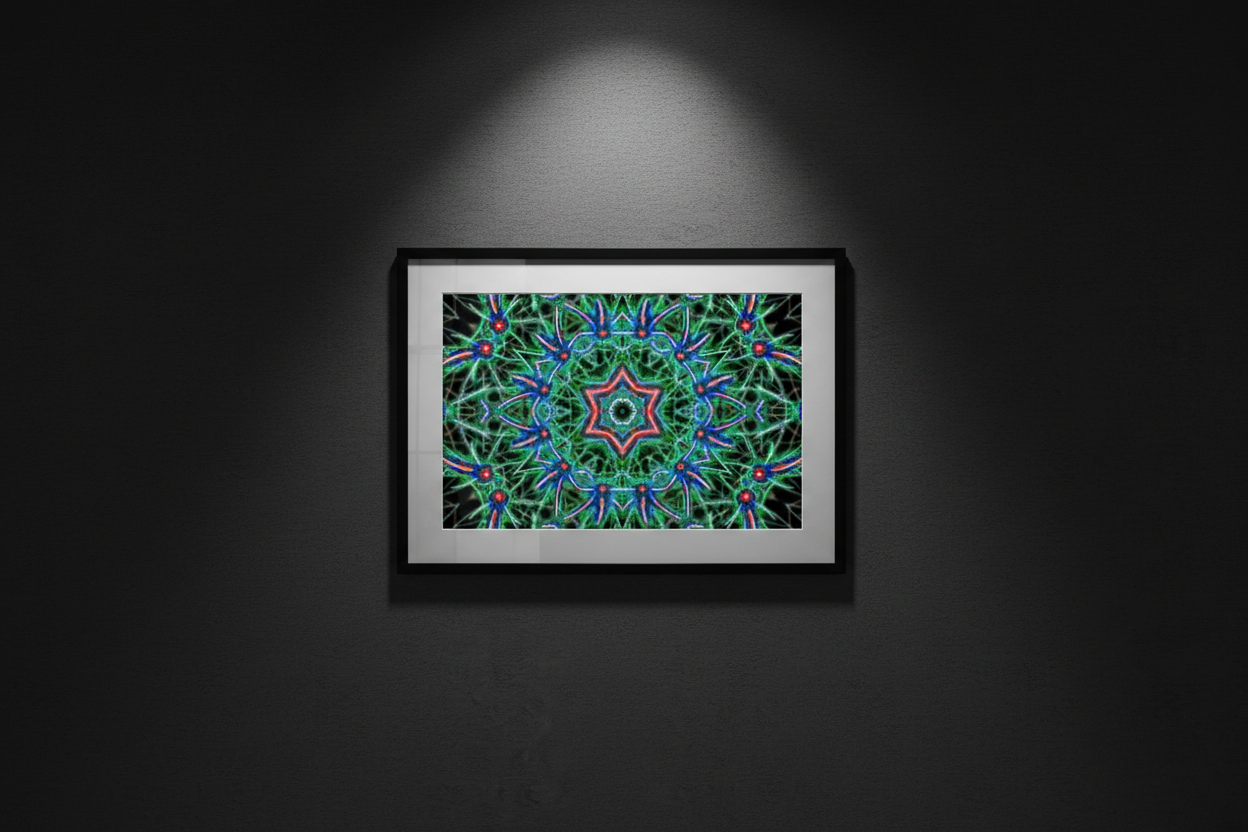 CHROMATIC FLORAL STAR Premium Kunstprint als gerahmtes Poster an dunkler Wand mit dramatischem Spotlight