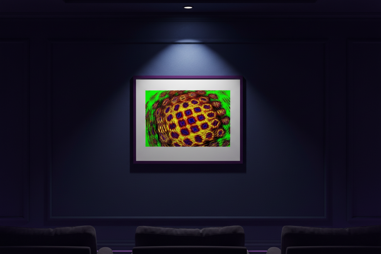 KOSMISCHES FARBMATRIX Premium Kunstprint als gerahmtes Poster mit Dunkelviolettem Rahmen an Dunkelblauer Wand in Sophistiziertem Heimkino mit Violettem Ambiente