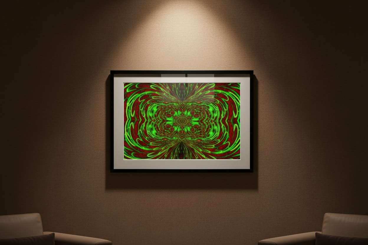 GREEN PULSE VORTEX Premium Kunstprint als gerahmtes Poster an dunkler Wand mit warmem Spotlight