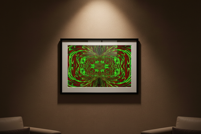 GREEN PULSE VORTEX Premium Kunstprint als gerahmtes Poster an dunkler Wand mit warmem Spotlight