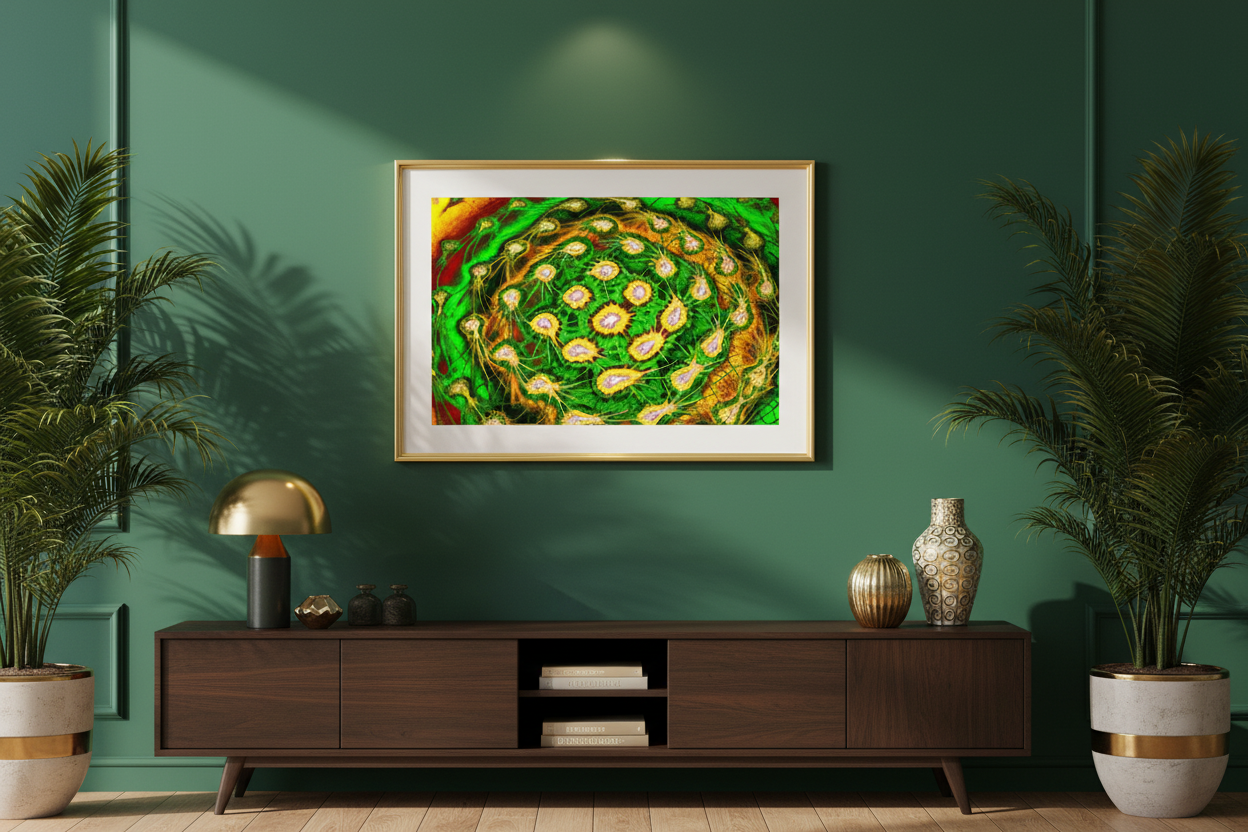 CHROMATISCHER ZELLCLUSTER Premium Kunstprint als gerahmtes Poster mit Goldenem Rahmen an Smaragdgrüner Wand in Elegantem Botanischem Wohnzimmer mit Dunklem Holz und Goldakzenten