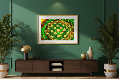 CHROMATISCHER ZELLCLUSTER Premium Kunstprint als gerahmtes Poster mit Goldenem Rahmen an Smaragdgrüner Wand in Elegantem Botanischem Wohnzimmer mit Dunklem Holz und Goldakzenten