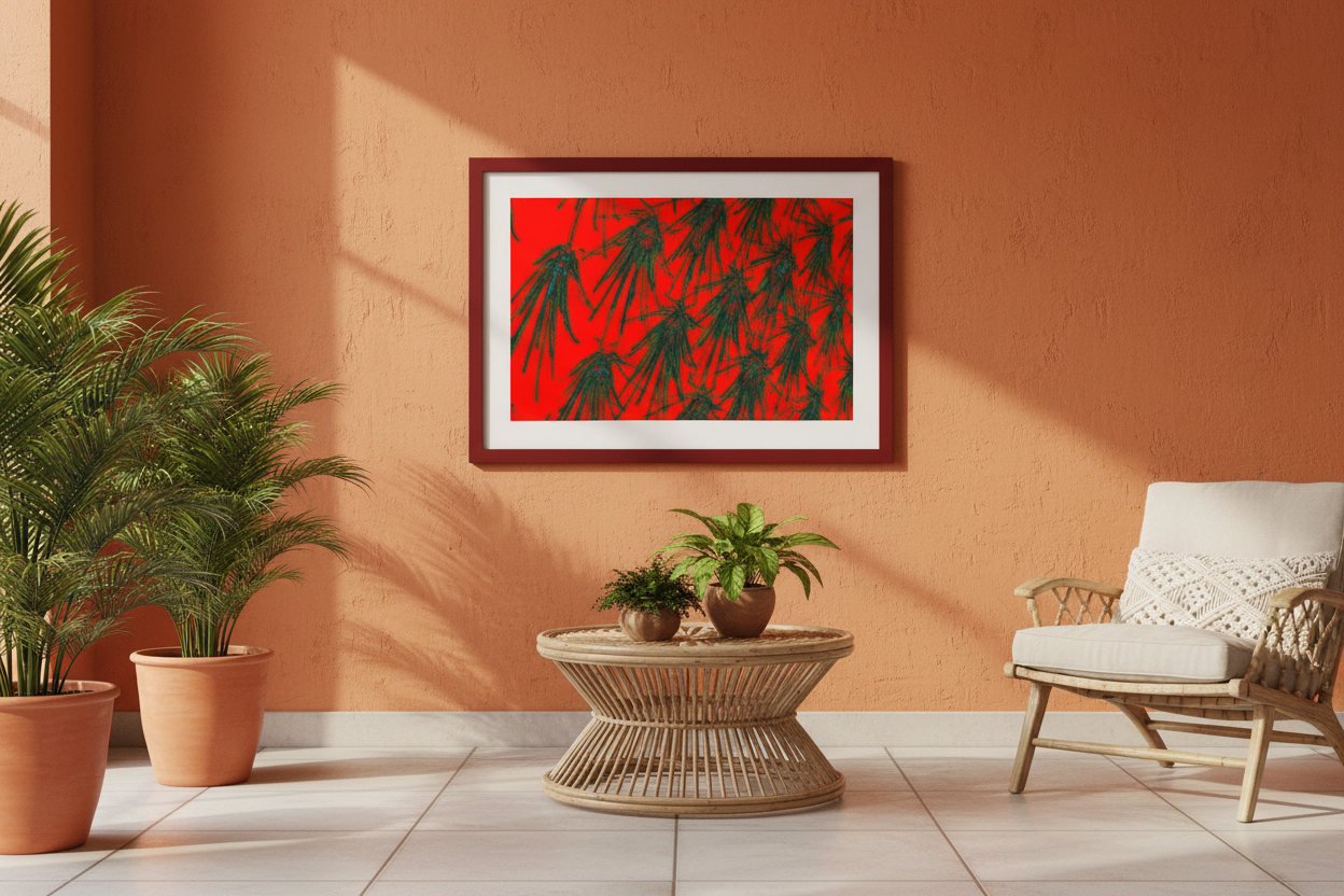 ABSTRAKTE INSEKTENBEWEGUNG Premium Kunstprint als gerahmtes Poster mit Dunkelrotem Rahmen an Terrakotta-Wand in Warmem Bohemischem Wohnzimmer