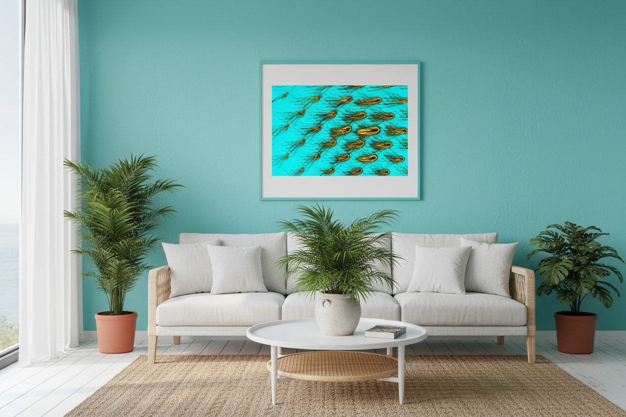GOLDENE BAKTERIEN Premium Kunstprint als gerahmtes Poster mit Türkisem Rahmen an Heller Türkiswand in Modernem Küstennahem Wohnzimmer mit Weißen Möbeln und Rattan