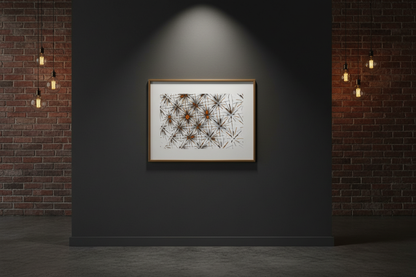 SPINNENKOLONIE Premium Kunstprint als gerahmtes Poster mit Bronzerahmen an Dunkelgrauer Wand in Industriellem Loft mit Backsteinwand