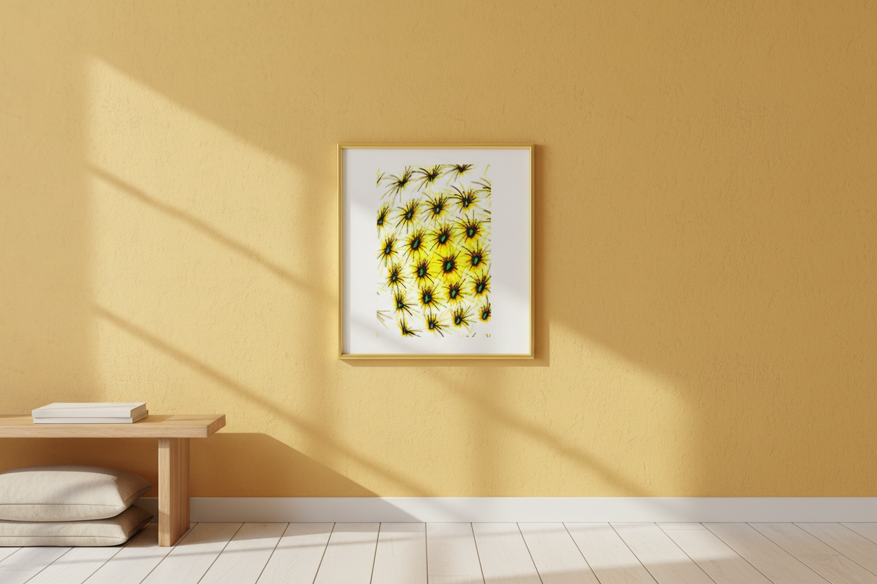 ABSTRAKTER LUMEN-CLUSTER Premium Kunstprint als gerahmtes Poster mit Goldenem Rahmen an Warmem Gelb-Ocker Wand in Skandinavischem Wohnzimmer mit Naturholz