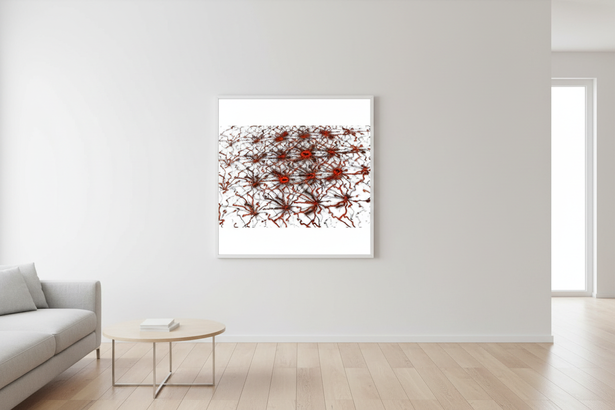 OPEN NETWORK Premium Kunstprint als gerahmtes Poster mit Weißem Rahmen an Heller Galeriewand in Hellem Minimalistischem Wohnzimmer