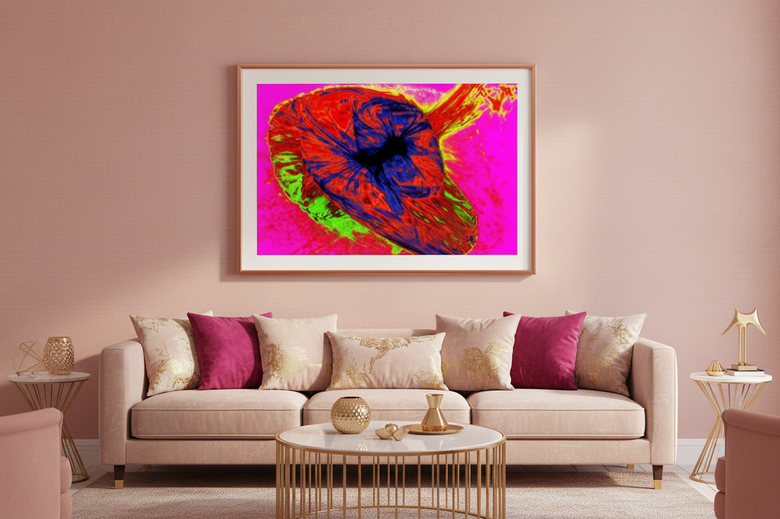 ABSTRAKTER MAGENTA-KERN Premium Kunstprint als gerahmtes Poster mit Roségold-Rahmen an zartrosa Wand in elegantem Wohnzimmer