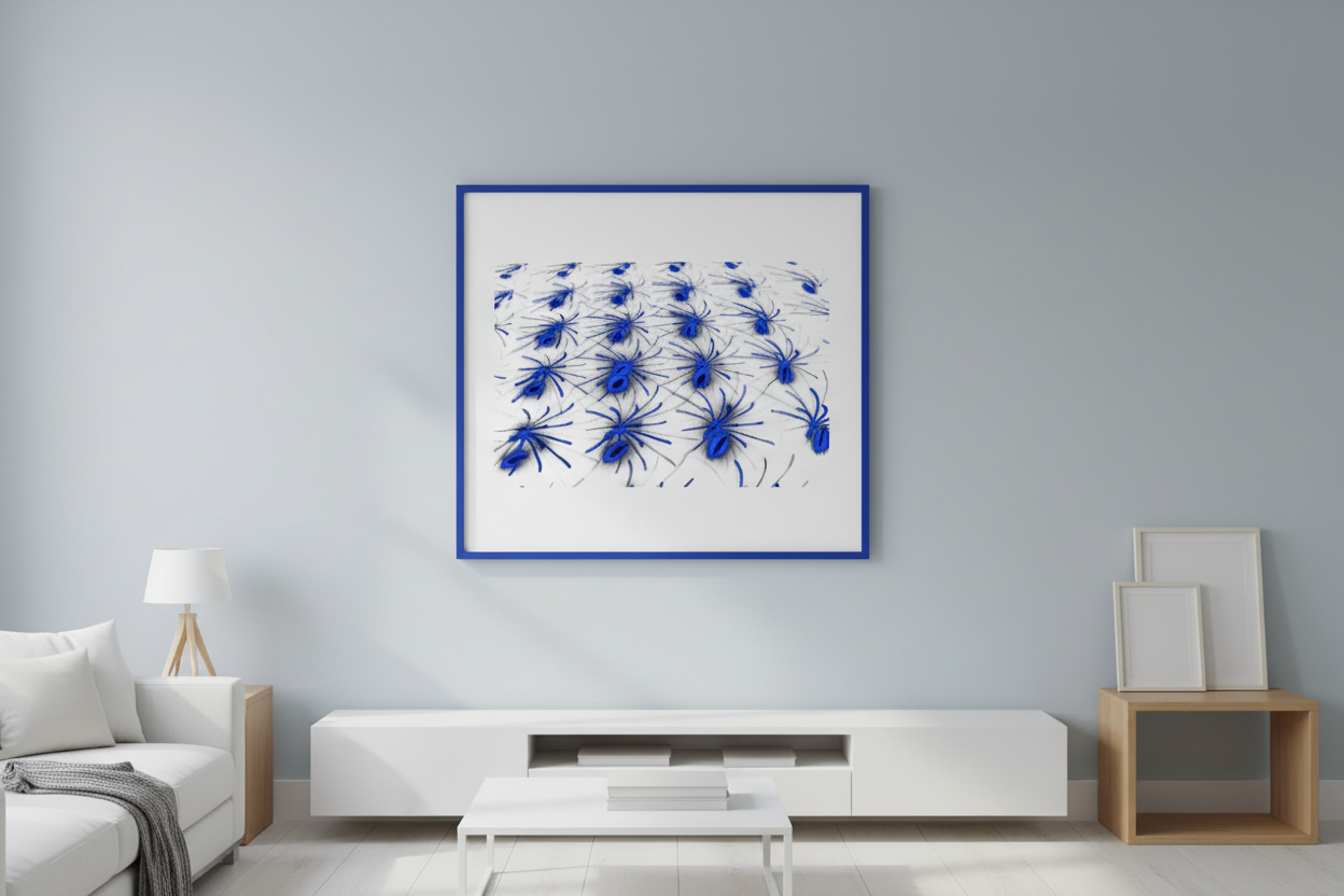 BLAUE KOLONIE Premium Kunstprint als gerahmtes Poster mit Blauem Rahmen an Hellblau-Grauer Wand in Hellem Skandinavischen Wohnzimmer
