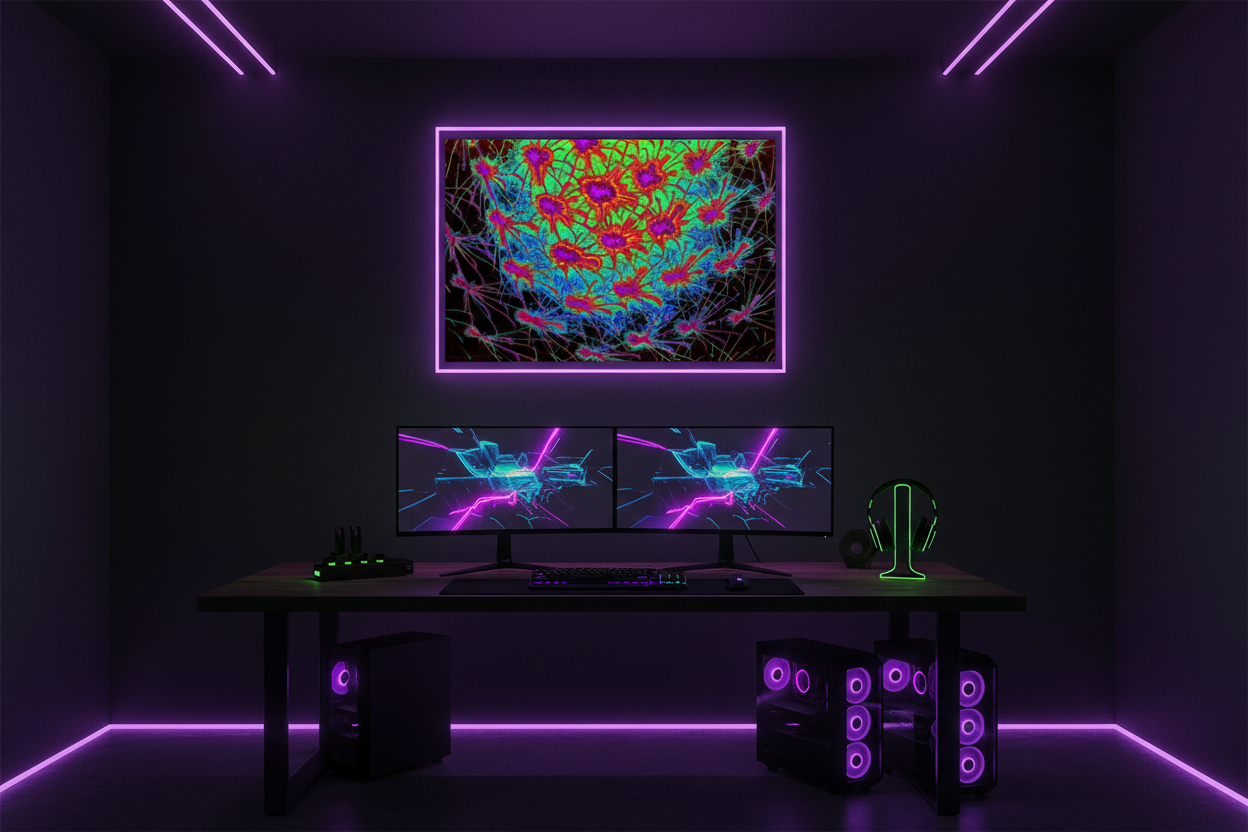 NETZWERK FRACTAL ENERGIE Premium Kunstprint als gerahmtes Poster mit Neon-Lila Rahmen an Dunkelgrauer Wand in Modernem Kreativstudio mit Neon-LED Beleuchtung