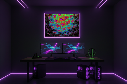 NETZWERK FRACTAL ENERGIE Premium Kunstprint als gerahmtes Poster mit Neon-Lila Rahmen an Dunkelgrauer Wand in Modernem Kreativstudio mit Neon-LED Beleuchtung