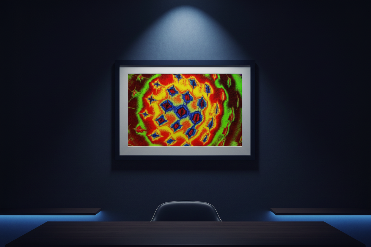 KOSMISCHE FRAKTALENERGIE Premium Kunstprint als gerahmtes Poster mit Dunkelblauem Rahmen an Navy-Blauer Wand in Dunklem Sophistiziertem Arbeitszimmer mit Blauem LED-Licht