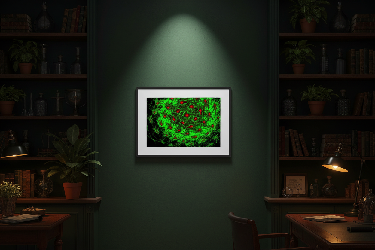 LEUCHTENDER ORGANISMUS Premium Kunstprint als gerahmtes Poster mit Schwarzem Rahmen an Dunkelgrüner Wand in Dunklem Botanischem Arbeitszimmer mit Warmem Bernstein-Licht