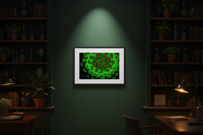 LEUCHTENDER ORGANISMUS Premium Kunstprint als gerahmtes Poster mit Schwarzem Rahmen an Dunkelgrüner Wand in Dunklem Botanischem Arbeitszimmer mit Warmem Bernstein-Licht