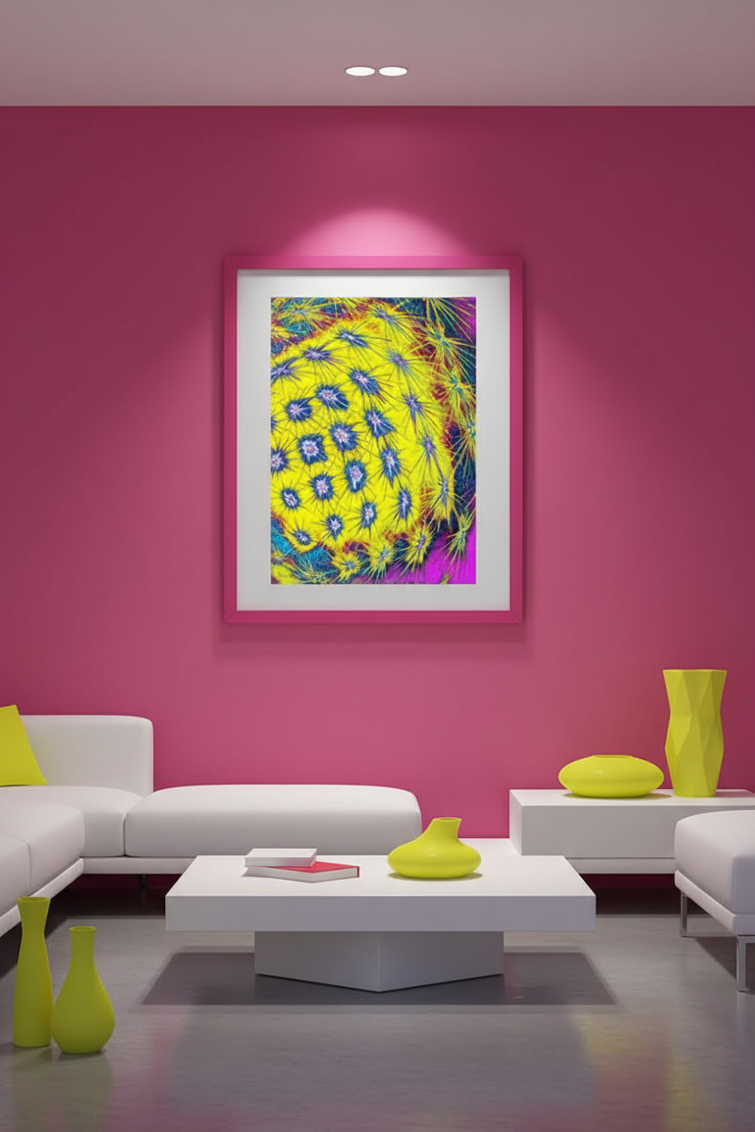 LEUCHTENDE RADIALSTACHELN Premium Kunstprint als Hochformat-Poster mit Magenta-Rahmen an Magenta-Wand in Buntem Pop-Art Interieur mit Neongelben Akzenten