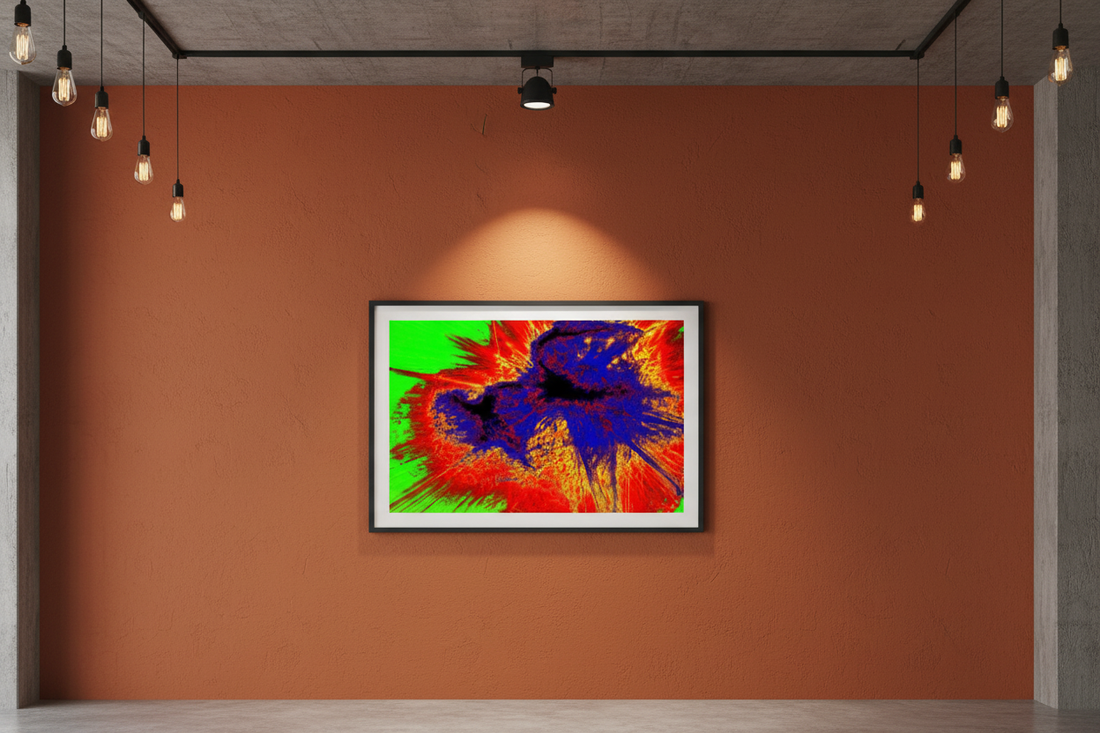 ABSTRACT CORE ERUPTION Premium Kunstprint als gerahmtes Poster an Burnt-Orange Wand in modernem Industrie-Loft mit Betondecke