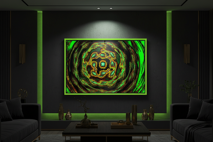 NEON WIRBEL Premium Kunstprint als gerahmtes Poster mit Hellgrünem Rahmen an Dunkler Wand in Modernem Wohnzimmer mit Neongrünem LED-Licht und Goldakzenten