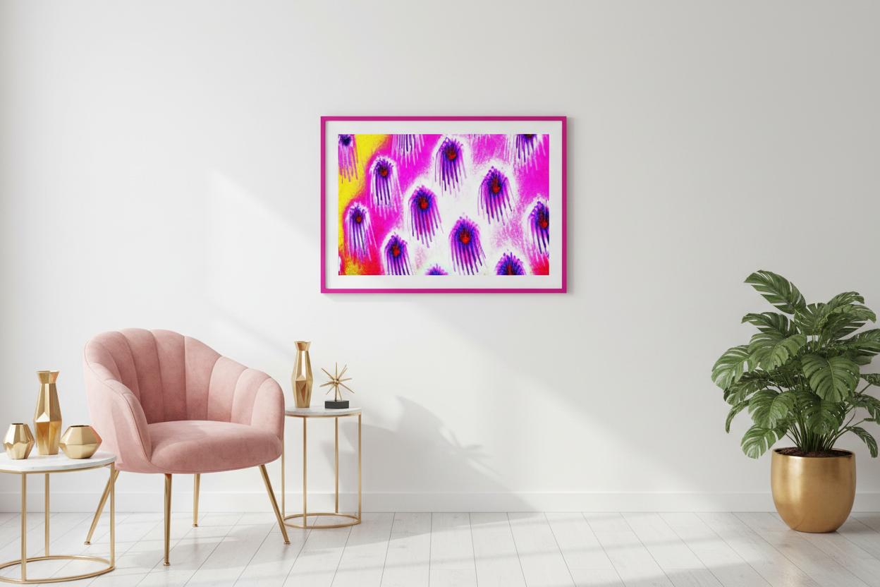 LEUCHTENDE SPUREN Premium Kunstprint als gerahmtes Poster mit Magenta-Rahmen an Weißer Galeriewand in Hellem Eklektischem Wohnzimmer mit Rosa Samtsessel und Goldenen Akzenten