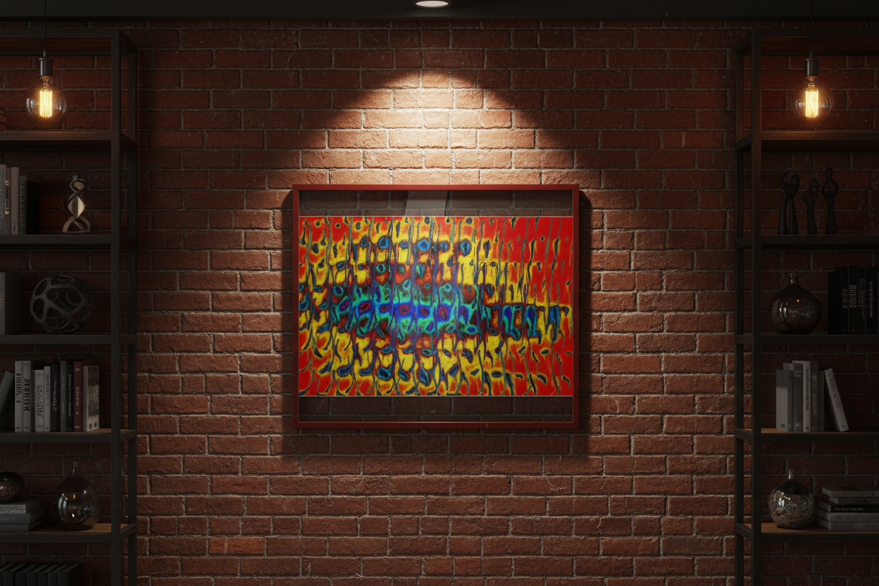 VERTIKALE STRUKTUR Premium Kunstprint als gerahmtes Poster mit Dunkelrotem Rahmen an Roter Backsteinwand in Warmem Industriellem Loft mit Edison-Beleuchtung