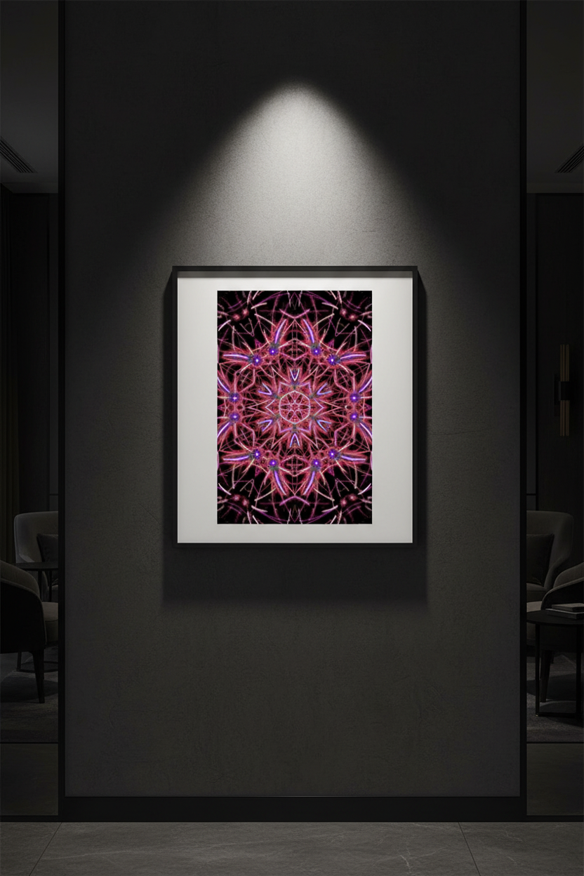 MAGENTA MANDALA Premium Kunstprint als gerahmtes Hochformat-Poster an dunkler Wand mit elegantem Spotlight