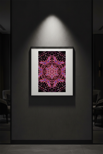MAGENTA MANDALA Premium Kunstprint als gerahmtes Hochformat-Poster an dunkler Wand mit elegantem Spotlight