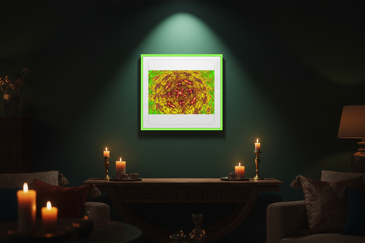 SPINNEN MANDALA Premium Kunstprint als gerahmtes Poster mit Neongrünem Rahmen an Dunkelgrüner Wand in Dunklem Bohemischem Wohnzimmer mit Kerzenlicht