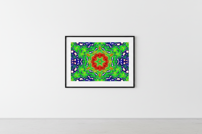SPECTRUM STAR MANDALA Premium Kunstprint als gerahmtes Poster an weißer Galeriewand mit cleanem Licht