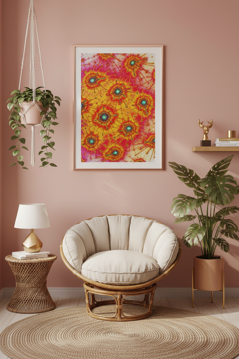 KOSMISCHER PSYCHEDELISCHER GARTEN Premium Kunstprint als Hochformat-Poster mit Roségoldenem Rahmen an Zartrosa Wand in Warmem Bohème Schlafzimmer mit Rattan und Goldenen Akzenten