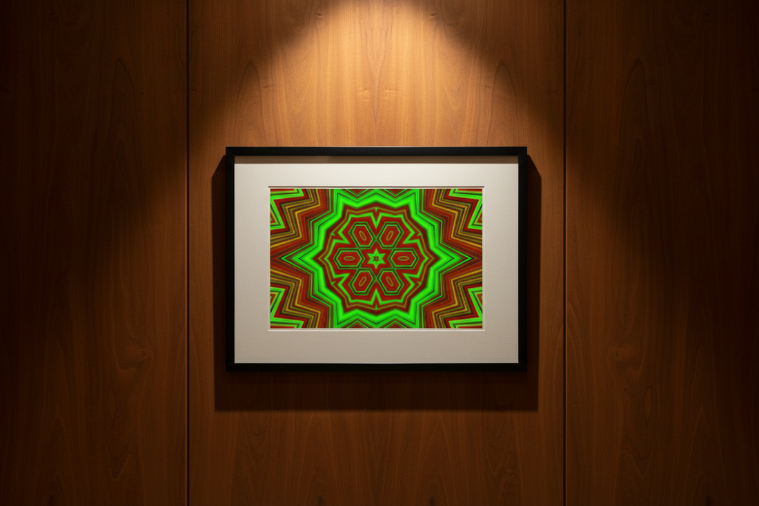 HEX MANDALA Premium Kunstprint als gerahmtes Poster an warmer Holzwand mit dramatischem Spotlight