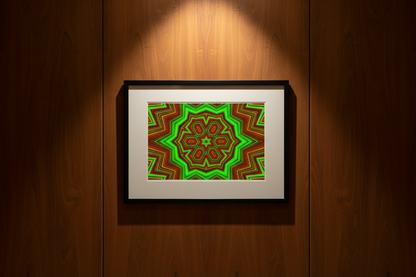 HEX MANDALA Premium Kunstprint als gerahmtes Poster an warmer Holzwand mit dramatischem Spotlight