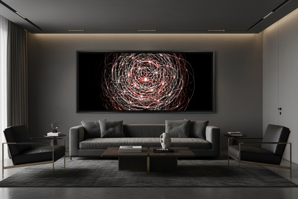 LICHTWIRBEL — Spiral-Illusionsdruck im dunklen Wohnzimmer, Querformat Raum-Mockup