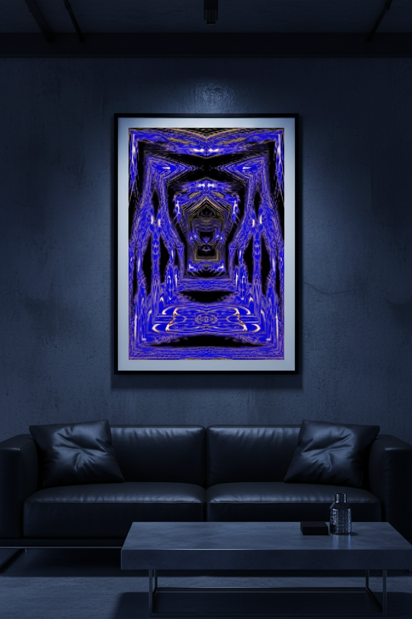 BLAUES PORTAL — Mockup in industriellem Loft mit dunkler Betonwand und blauem Neon-Licht