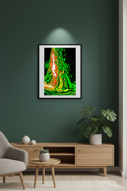 CHROMATISCHER WELLENFLUSS Premium Kunstprint als Hochformat-Poster an Smaragdgrüner Wand in Skandinavischem Wohnzimmer mit Eichenmöbeln