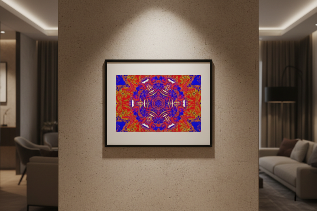 CHROMATIC HEXA BLOOM Premium Kunstprint als gerahmtes Poster an warmer Betonwand mit dramatischem Spotlight