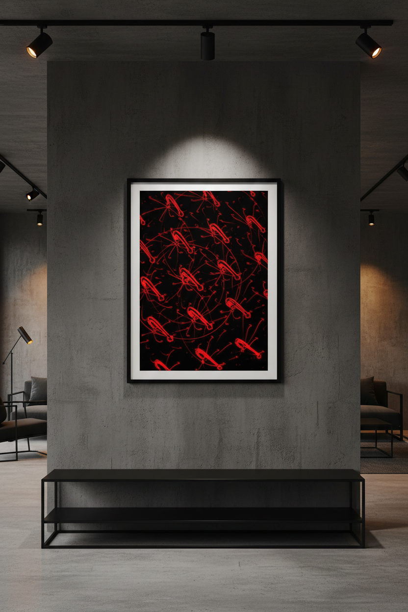 ABSTRACT BIO Premium Kunstprint als Hochformat-Poster mit Schwarzem Rahmen an Dunkler Betonwand in Industriellem Loft mit Bernsteinfarbenen Spotlights