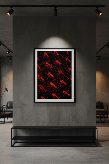 ABSTRACT BIO Premium Kunstprint als Hochformat-Poster mit Schwarzem Rahmen an Dunkler Betonwand in Industriellem Loft mit Bernsteinfarbenen Spotlights