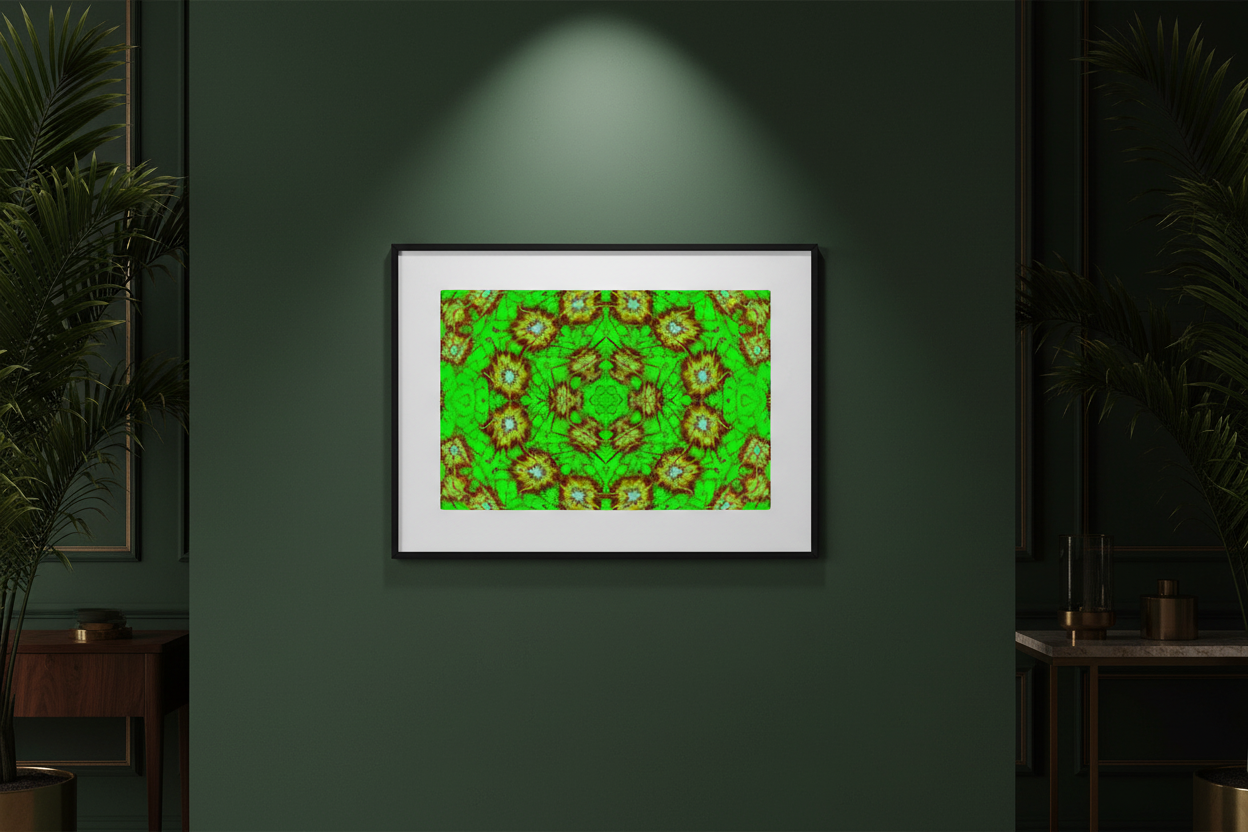GREEN FRACTAL BLOOM Premium Kunstprint als gerahmtes Poster an dunkler Grüner Wand mit dramatischem Spotlight