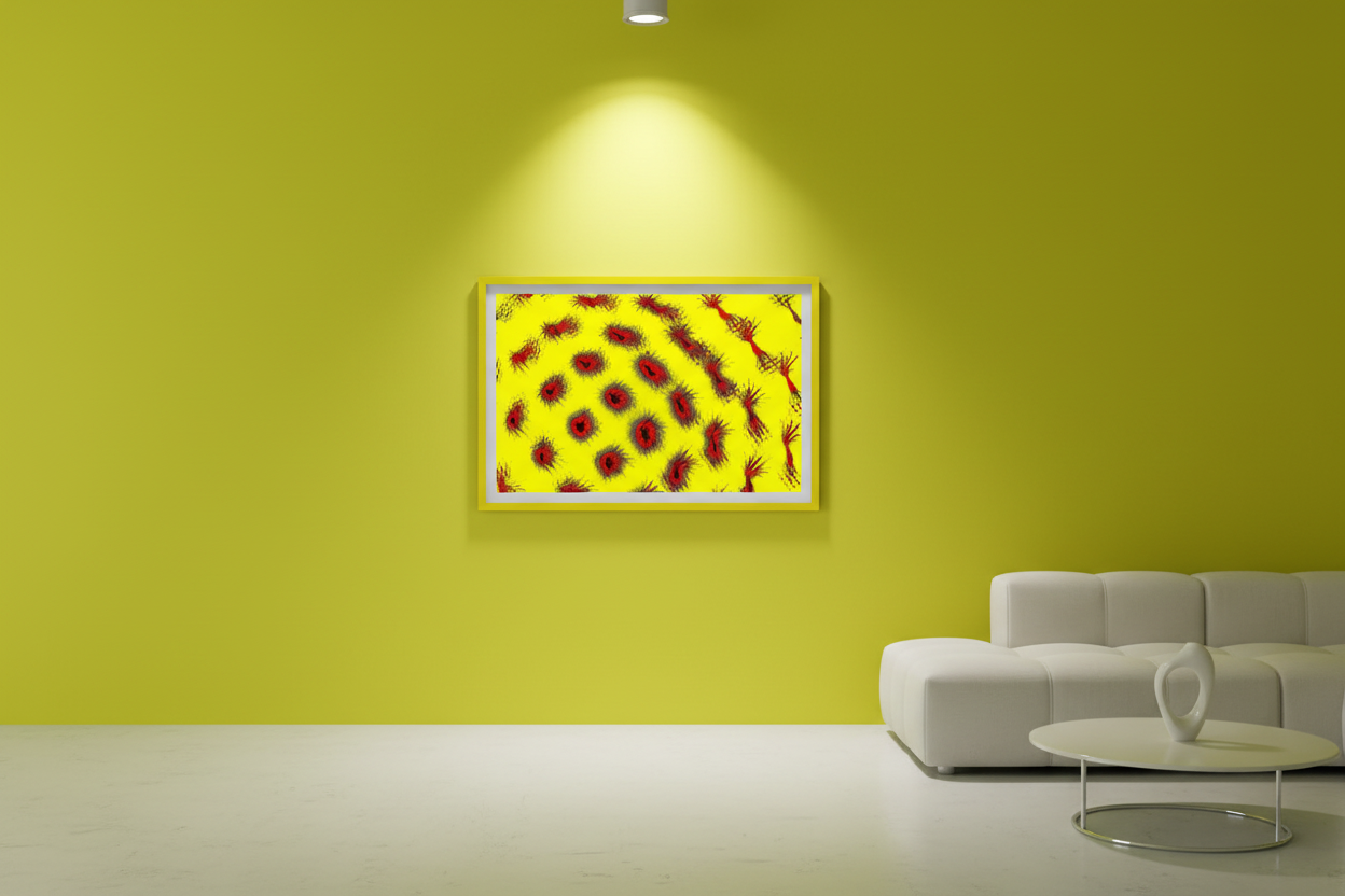 OPTISCHE MIKROBEN Premium Kunstprint als gerahmtes Poster mit Gelbem Rahmen an Neon-Gelber Wand in Modernem Pop-Art Interieur